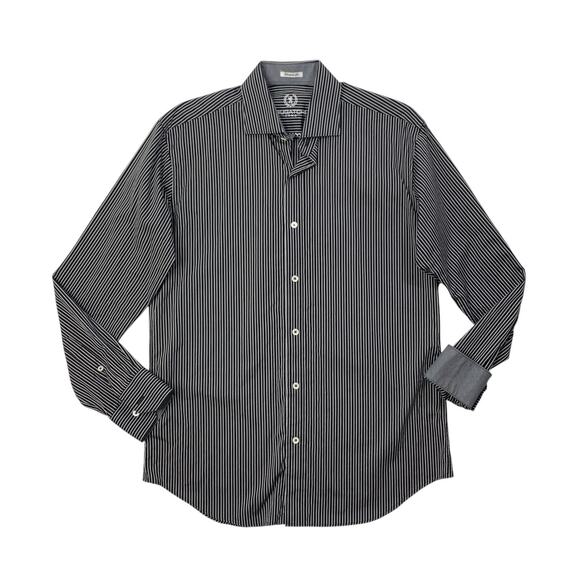 Bugatchi Uomo Shirt Mens M Medium Shaped Fit Black Striped Button Up Flip Cuff - Picture 1 of 10